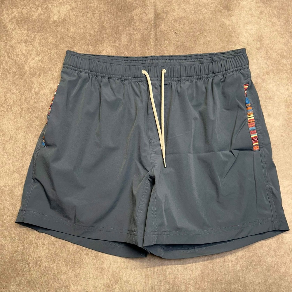 Wowie Mens Swim Trunks Large Slate Blue Woven Trim Mesh Liner 5 Inch Inseam